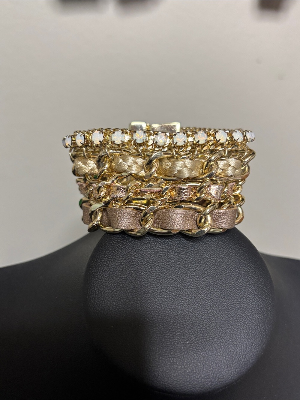 Multilayer Mixed Media Gold Tone Rhinestone Chain Leather Wrap Bracelet